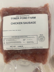 Frozen package of ground chicken sausage from Tyner Pond Farm