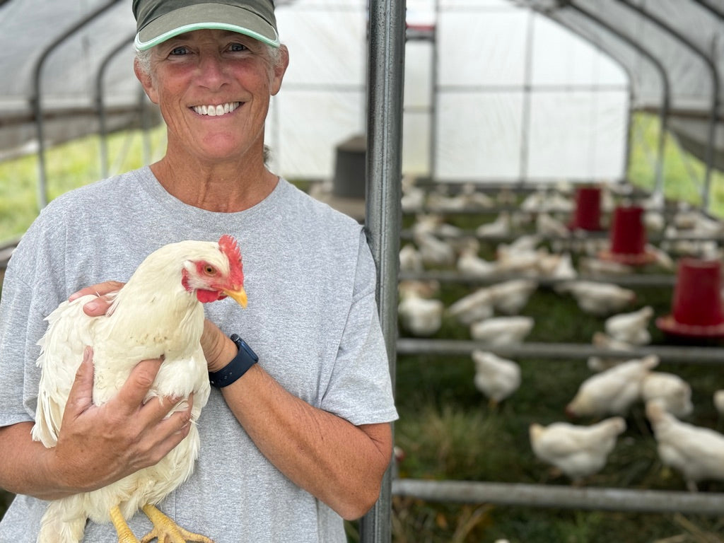 Farmer tending pasture-raised chickens at Tyner Pond Farm