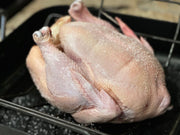 Raw whole pasture-raised chicken seasoned in a cast-iron pan
