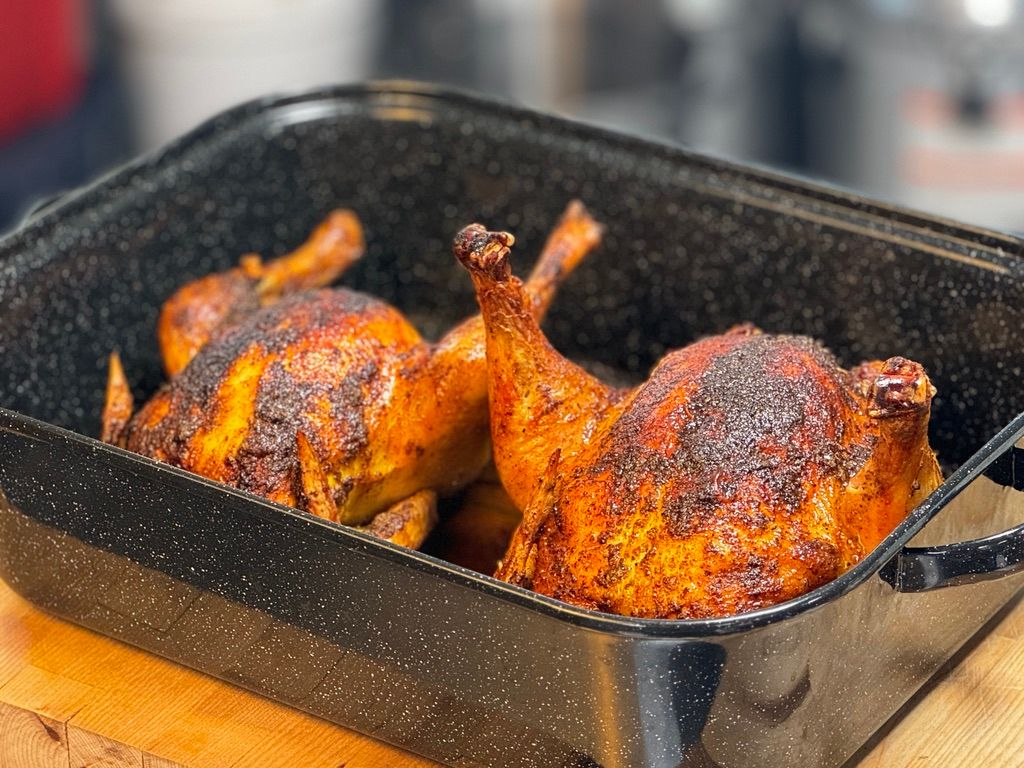Roasted whole pasture-raised chicken resting after cooking