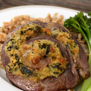 Stuffed and rolled pinwheel steak prepared from grassfed skirt steak