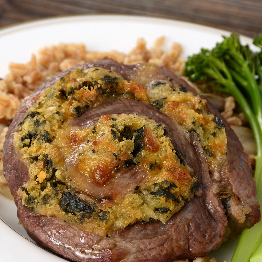 Stuffed and rolled pinwheel steak prepared from grassfed skirt steak