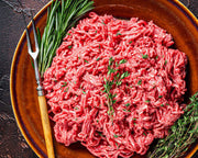 Top view of ground round in bowl, extra-lean grind from pasture-raised cattle