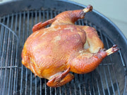 Top view of a roasted whole pasture-raised chicken